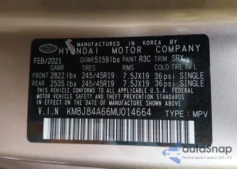 2021 Hyundai Nexo Limited z USA, uszkodzony, nr VIN KM8J84A66MU014664